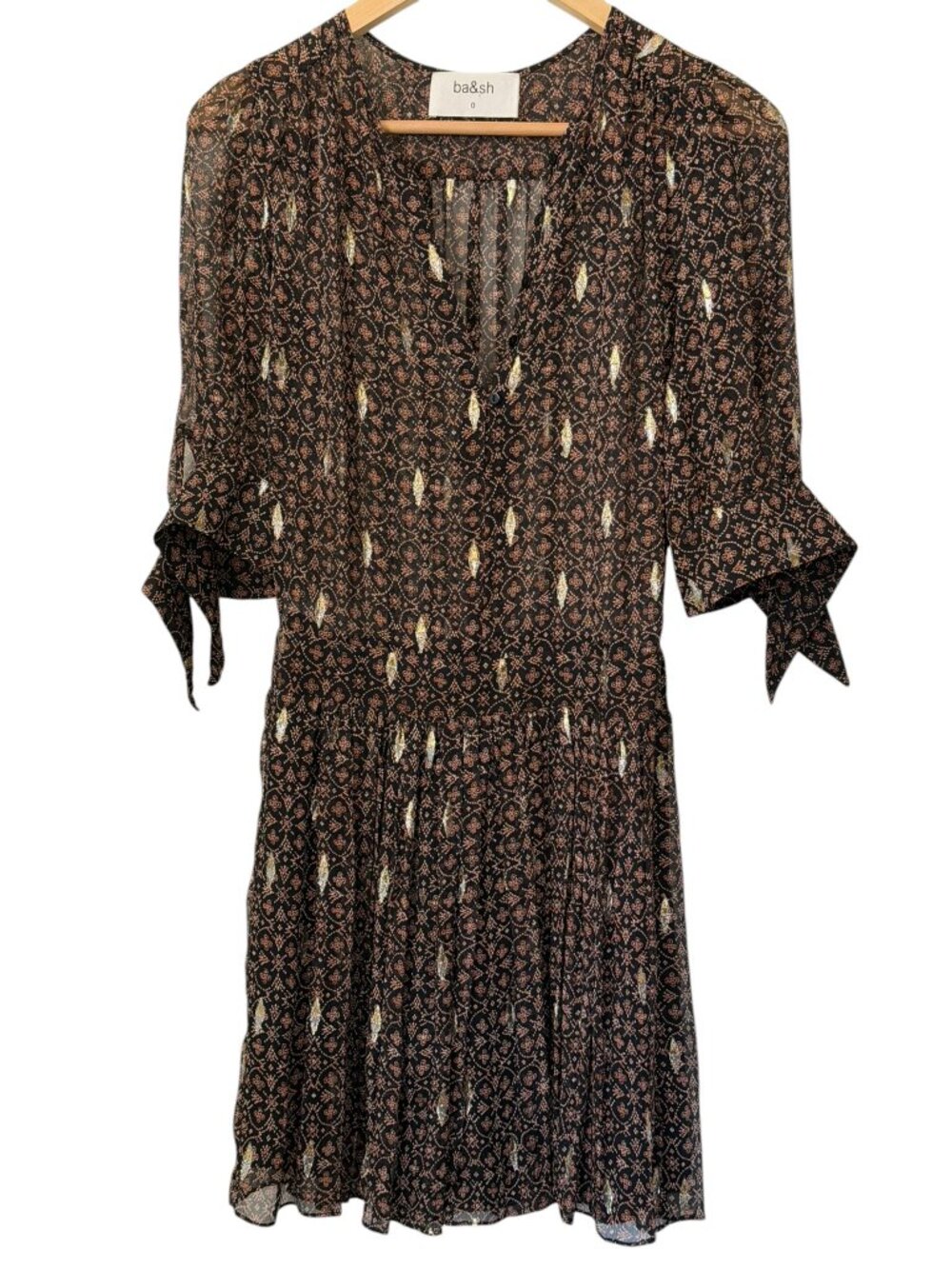 ba&sh Madrid 100% Silk Black Brown Metallic Gold Leaf Geometric Mini Dress US 4